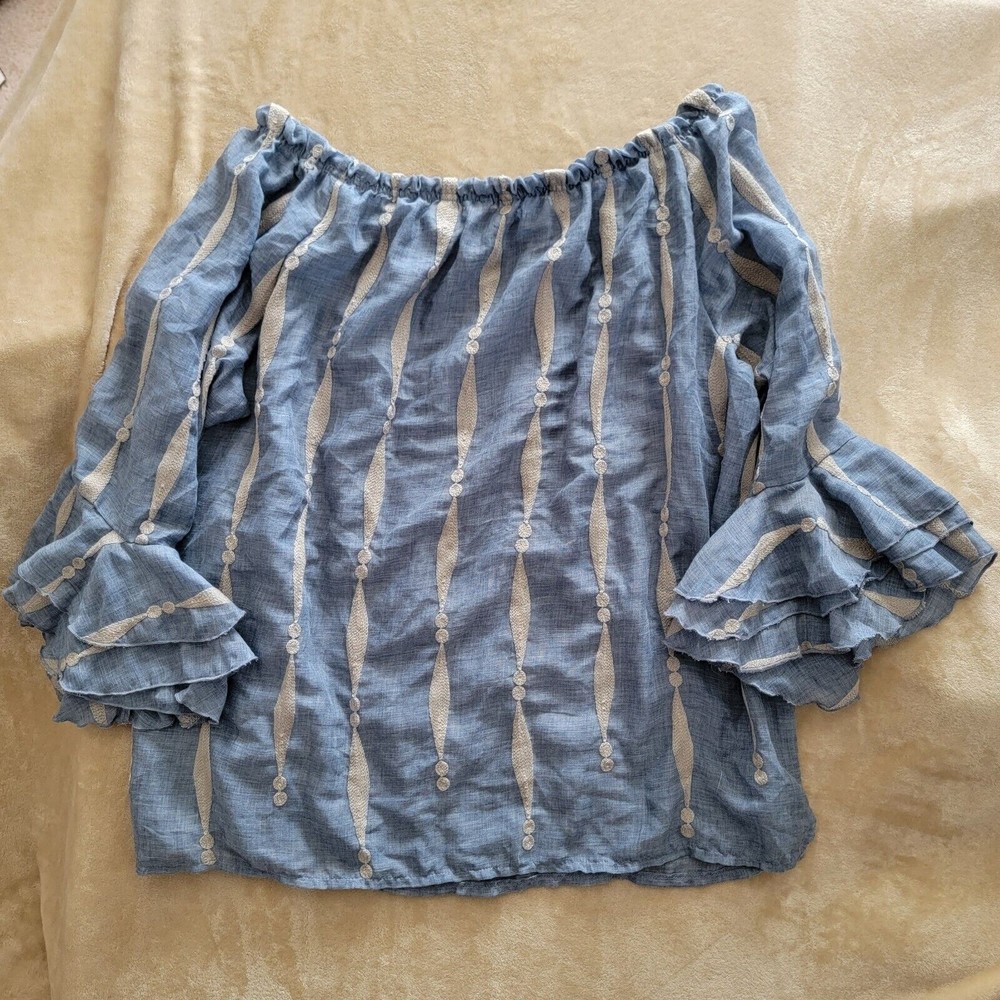 Women XL Kaktus Blue Chambray Boho Off Shoulder Tunic Top 3/4 Sleeve W/Ruffle